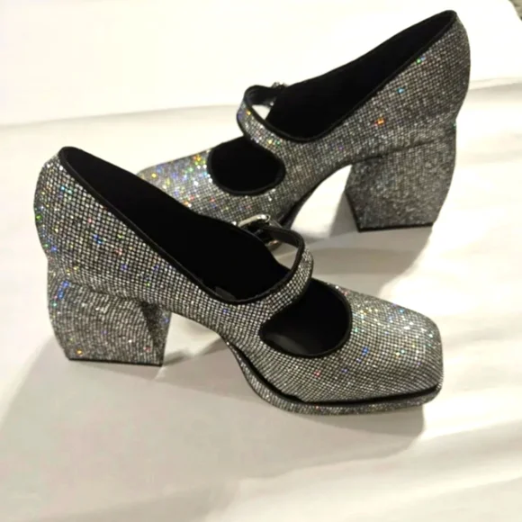 GIANNI BINI GLITTER MARY JANE 2 NIGHT PLATFORM PUMPS NWOT SIZE 9 - Picture 11 of 12